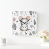 Minimalistische Boho Mooie Muis Blad Kinderkamer K Vierkante Klok (Huis)