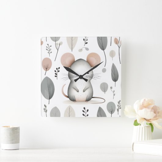Minimalistische Boho Mooie Muis Blad Kinderkamer K Vierkante Klok (Huis)