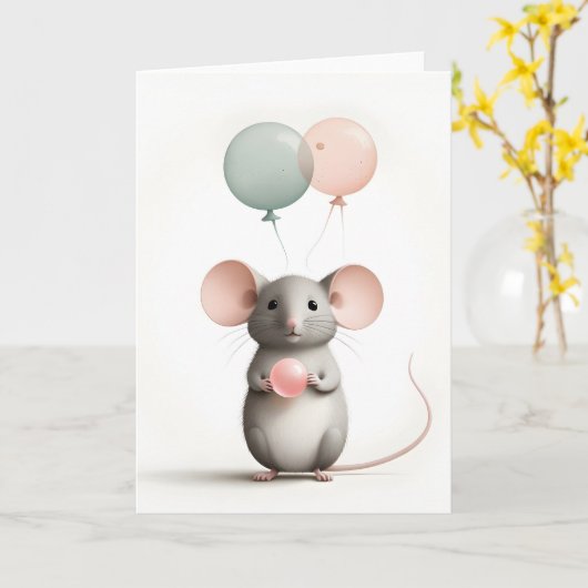 Minimalistische Boho-muis met ballonnen Blank Groe Kaart (Gele Bloem)