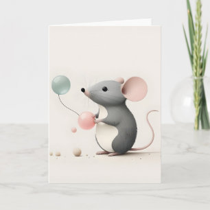 Minimalistische Boho Muis met Ballonnen Lege Wensk Kaart