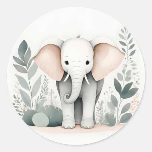 Minimalistische Boho Olifant Bos Groene bladeren Ronde Sticker (Voorkant)