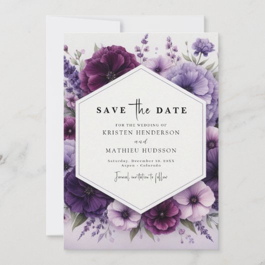 Minimalistische Boho Paarse Floral Wedding Save The Date (Voorkant)