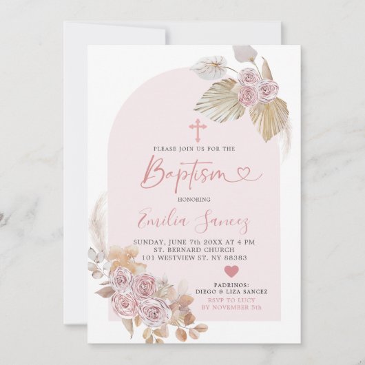 Minimalistische Boho Pink Floral Baptism Uitnodigi Kaart (Voorkant)