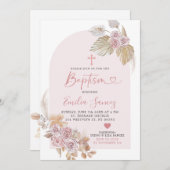 Minimalistische Boho Pink Floral Baptism Uitnodigi Kaart (Voorkant / Achterkant)