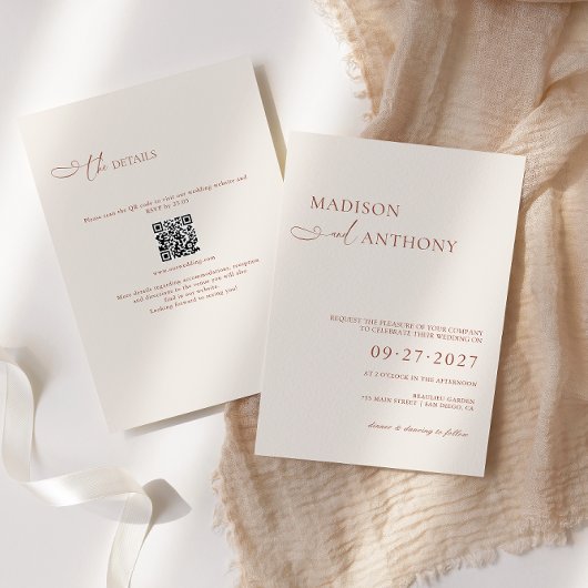 Minimalistische Boho QR Code RSVP All-in-one Trouw Kaart