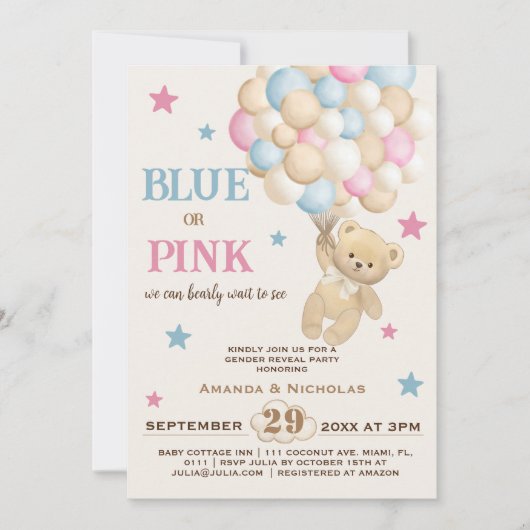 Minimalistische Boho Roze Blauw Beer Gender Reveal Kaart (Voorkant)