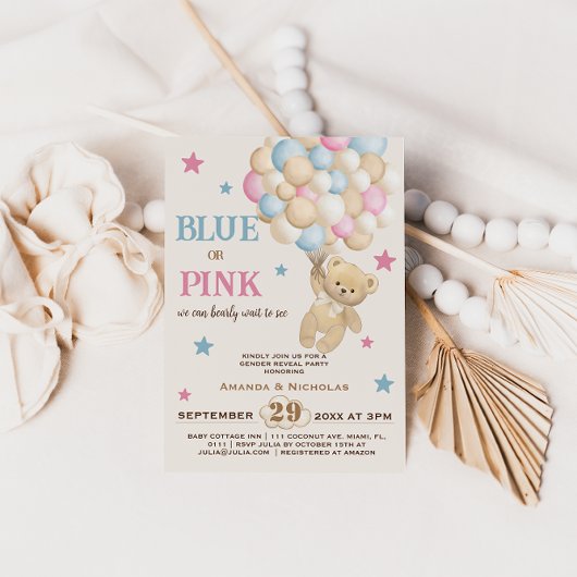 Minimalistische Boho Roze Blauw Beer Gender Reveal Kaart