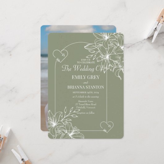 Minimalistische Boho Sage Green bruiloft Kaart (Voorkant / Achterkant in situ)