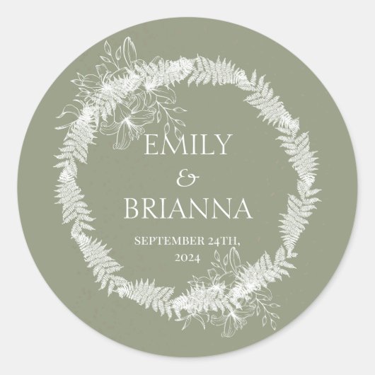 Minimalistische Boho Sage Green bruiloft Ronde Sticker (Voorkant)