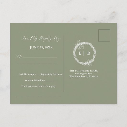 Minimalistische Boho Sage Green bruiloft RSVP Brie Briefkaart (Achterkant)