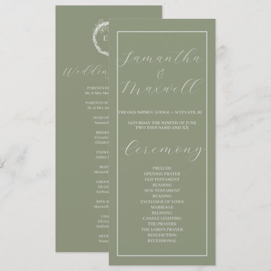 Minimalistische Boho Sage Green Wedding Programma (Voorkant / Achterkant)