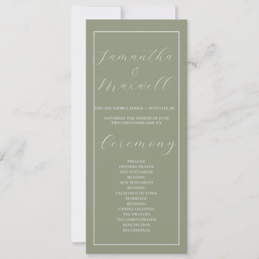 Minimalistische Boho Sage Green Wedding Programma (Voorkant)