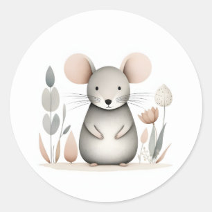 Minimalistische Boho Schattig Mouse Flowers Plante Ronde Sticker