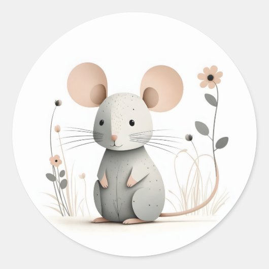 Minimalistische Boho Schattig Muis met Bloemen Ronde Sticker (Voorkant)