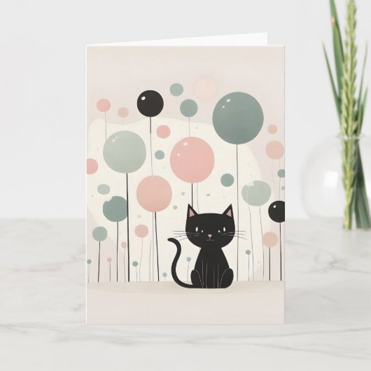 Minimalistische Boho Schattige Black Cat met Ballo Kaart (Voorkant)