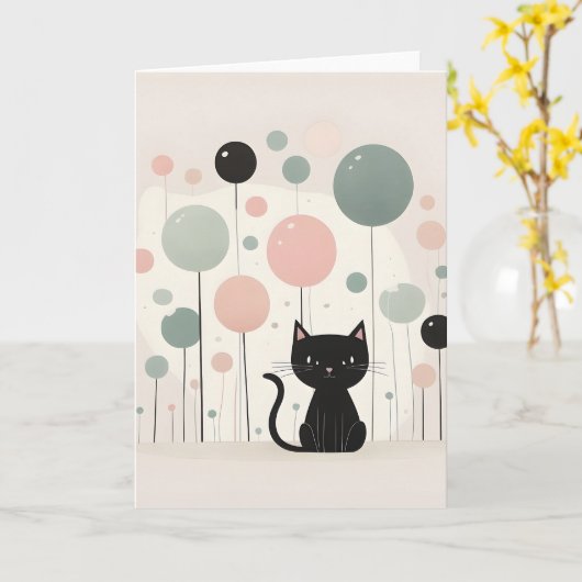 Minimalistische Boho Schattige Black Cat met Ballo Kaart (Gele Bloem)