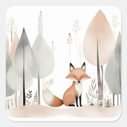 Minimalistische Boho Schattige Fox in de Bossen Vierkante Sticker (Voorkant)