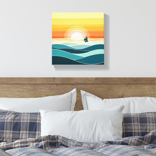 Minimalistische Boho Sunrise Ocean Wall Art - Gold Canvas Afdruk (Insitu (Slaapkamer))