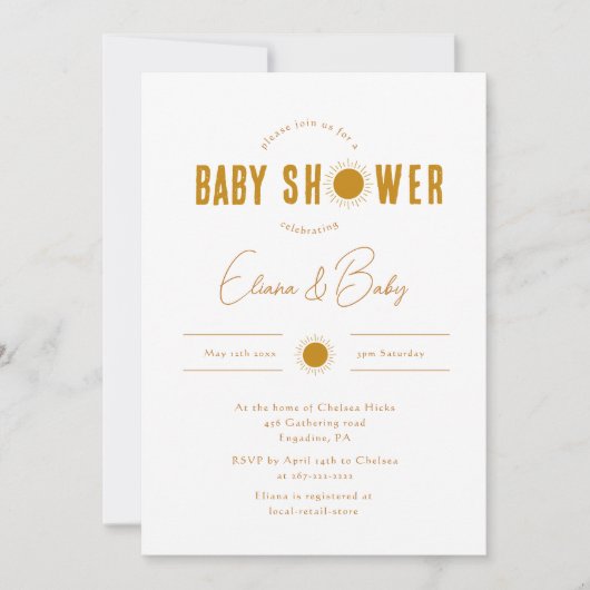 Minimalistische Boho Sunshine Baby shower uitnodig Kaart (Voorkant)