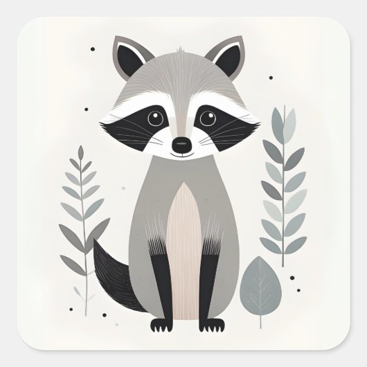 Minimalistische Boho Sweet Raccoon in de Bossen Vierkante Sticker (Voorkant)