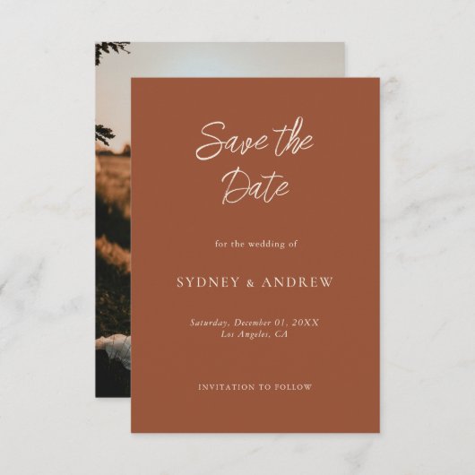 Minimalistische Boho Terracotta Fall Trouwfoto Save The Date (Voorkant / Achterkant)