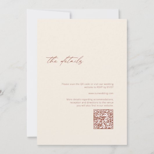 Minimalistische Boho Terracotta QR Code Wedding Kaart (Achterkant)
