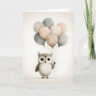 Minimalistische Boho Uil met Ballonnen Blank Groet Kaart
