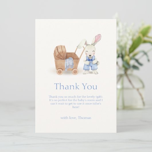 Minimalistische Boho wandelwagen Konijn Jongen Bab Bedankkaart (Staand voorkant)