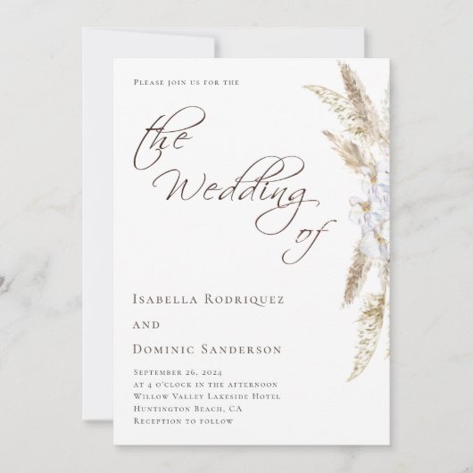 Minimalistische Boho Waterverf Pampas Grass Weddin Kaart (Voorkant)