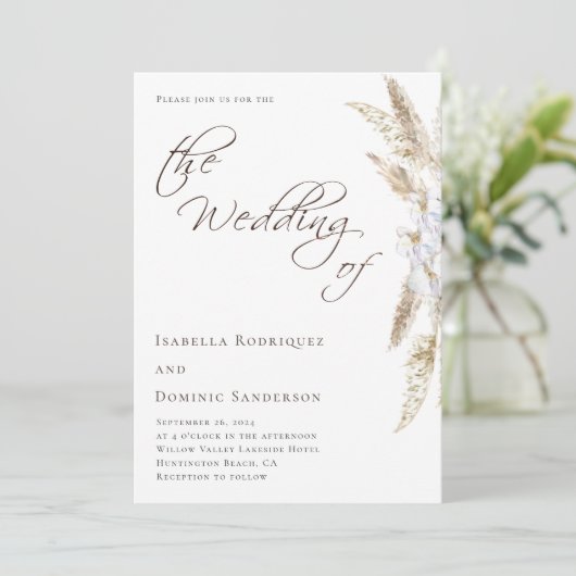 Minimalistische Boho Waterverf Pampas Grass Weddin Kaart (Staand voorkant)