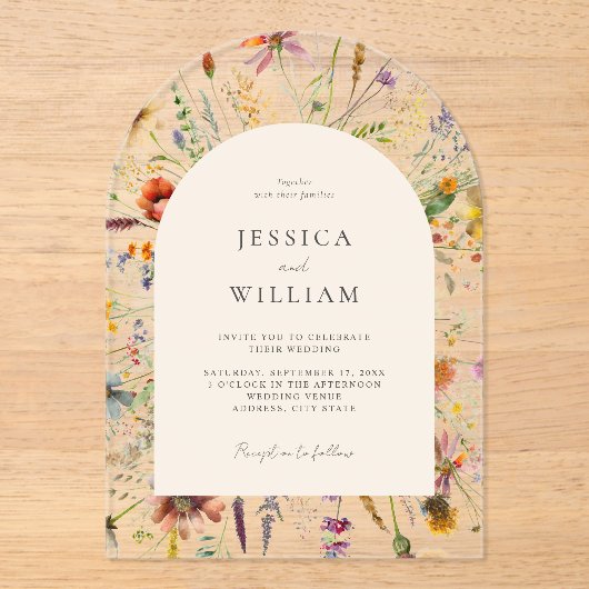 Minimalistische Boho Wildflower Bloemen Bruiloft Acryl Uitnodigingen (Voorkant)