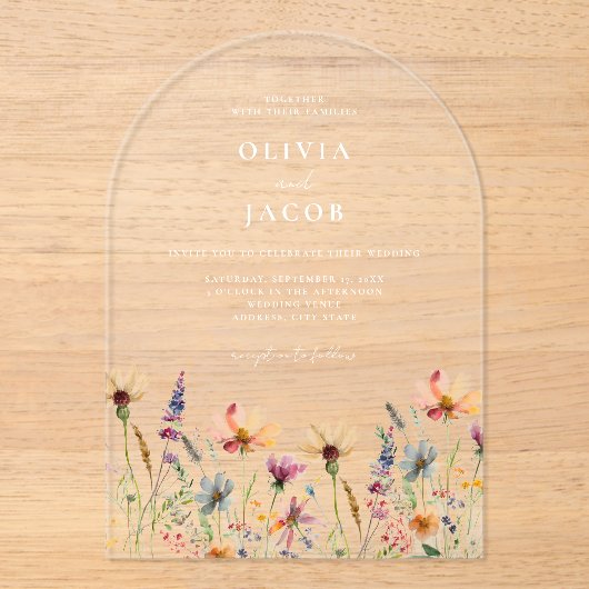 Minimalistische Boho Wildflower Bloemen Bruiloft Acryl Uitnodigingen (Voorkant)