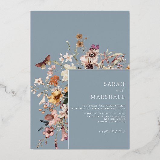 Minimalistische Boho Wildflower Bloemen Bruiloft Folie Uitnodiging (Voorkant)