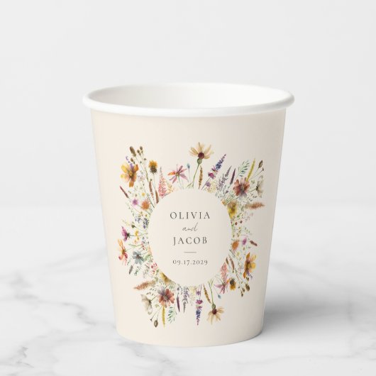 Minimalistische Boho Wildflower Bloemen Bruiloft Papieren Bekers (Achterkant)