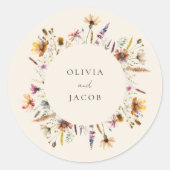 Minimalistische Boho Wildflower Bloemen Bruiloft Ronde Sticker (Voorkant)