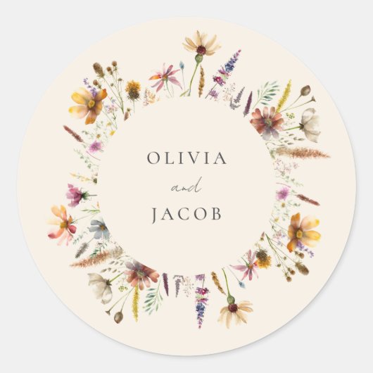 Minimalistische Boho Wildflower Bloemen Bruiloft Ronde Sticker (Voorkant)