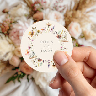 Minimalistische Boho Wildflower Bloemen Bruiloft Ronde Sticker