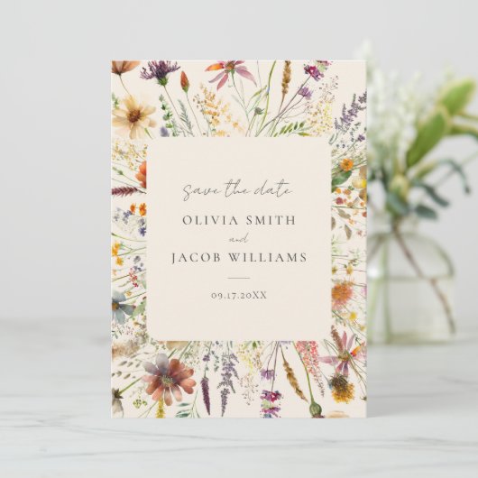 Minimalistische Boho Wildflower Bloemen Bruiloft Save The Date (Staand voorkant)