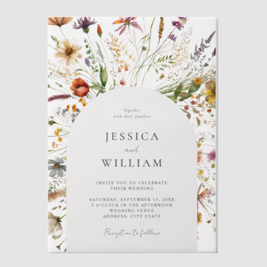 Minimalistische Boho Wildflower Bloemen Bruiloft Vellum Uitnodigingen (Voorkant)
