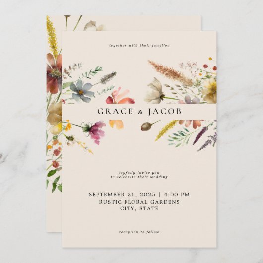 Minimalistische Boho Wildflower bruiloft Kaart (Voorkant / Achterkant)