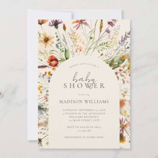 Minimalistische Boho Wildflower Floral Baby shower Kaart (Voorkant)