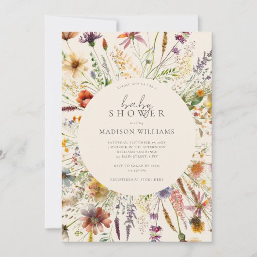 Minimalistische Boho Wildflower Floral Baby shower Kaart (Voorkant)