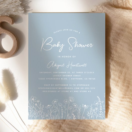 Minimalistische Boho Wildflowers Dusty Blue Baby s Kaart