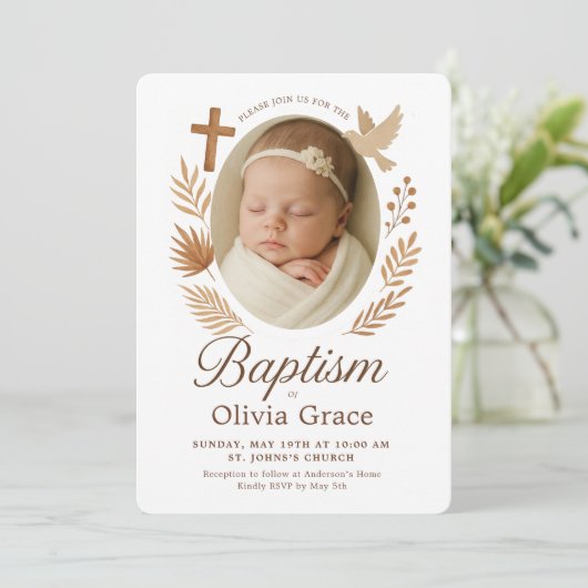 minimalistische boho witte doop uitnodiging (Staand voorkant)