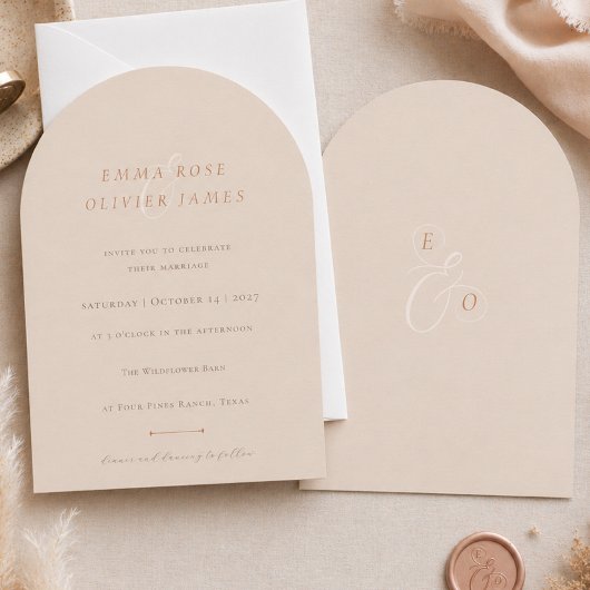 Minimalistische Boho Zand Koper Script Trouw Kaart