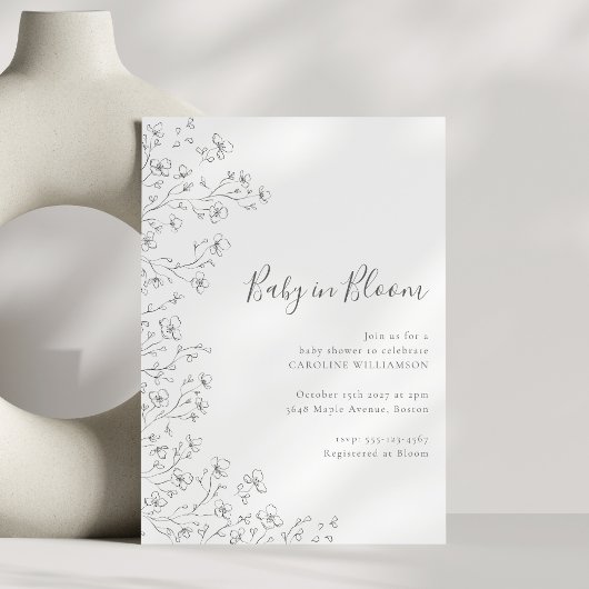 Minimalistische Boho Zwart Wit Bloemen Art Baby sh Kaart
