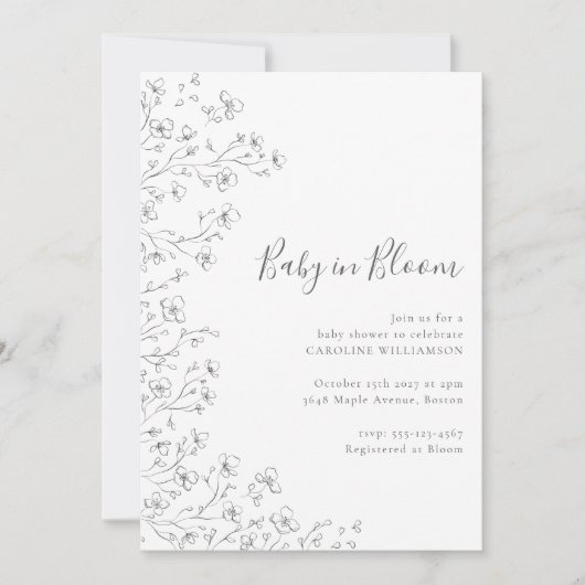 Minimalistische Boho Zwart Wit Bloemen Art Baby sh Kaart (Voorkant)