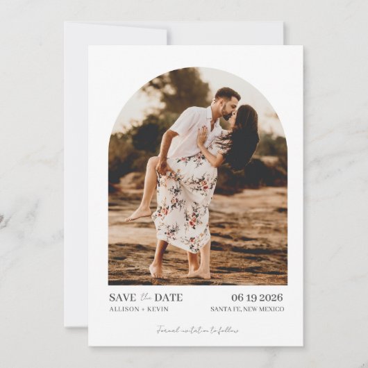 Minimalistische boog foto strand bruiloft save the date (Voorkant)