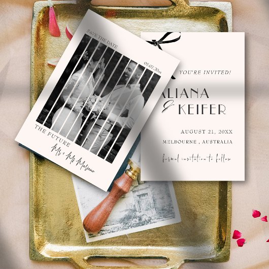 Minimalistische boog grillige retro foto bruiloft save the date