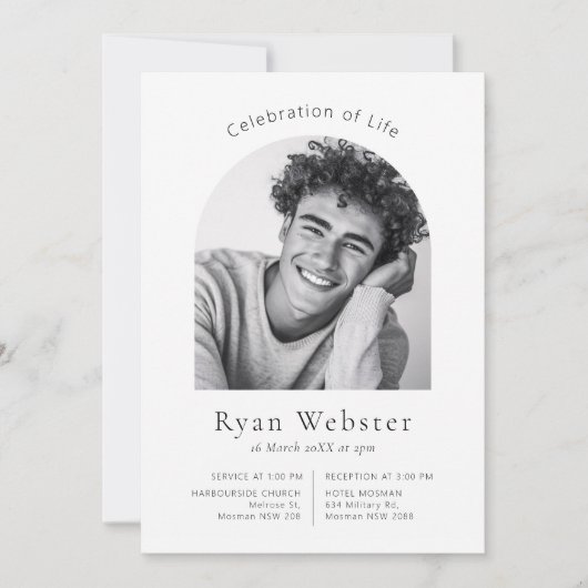 Minimalistische boog viering van het leven begrafe kaart (Voorkant)